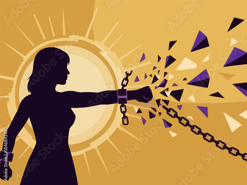 Woman silhouette breaking chains in front of sunburst vector illustration
