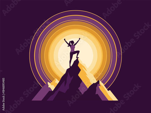 Silhouette of woman celebrating victory on a mountain peak.