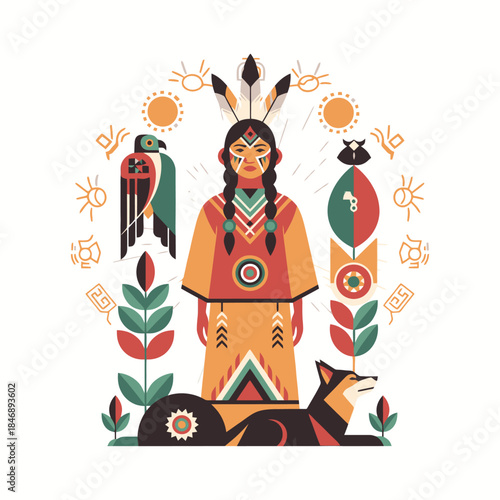 Indigenous Woman and Spirit Animals Geometric Tribal Illustration