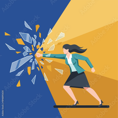 Businesswoman punching through a shattered glass barrier illustration