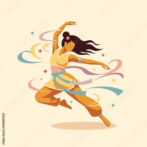 Stylized Dancer Leaping with Flowing Ribbons Vector Illustration