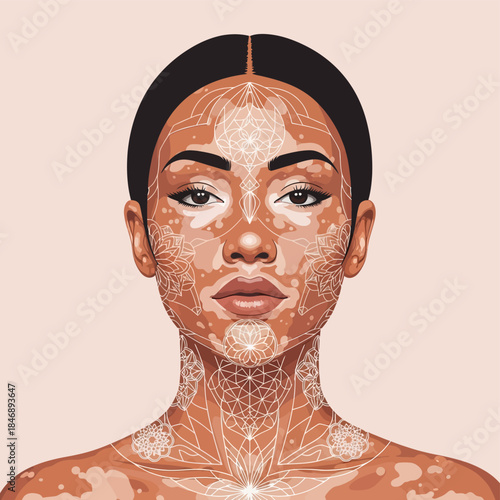 Woman with Vitiligo and Sacred Geometry Line Art Portrait Vector