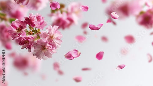 Pink cherry blossom flowers with falling petals on soft gray background