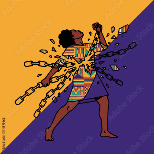 Black woman breaks free from chains, symbolizing liberation and resilience
