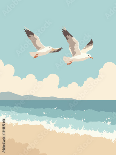 A geometric flat design of a flock of seagulls (simple V-shapes and circles) over a minimalist sea and beach. Limited palette of white, grey, blue, and sand