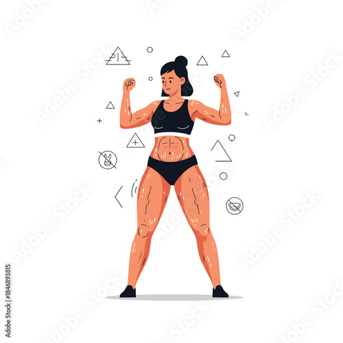 Muscular Woman Flexing Biceps Showing Core Strength