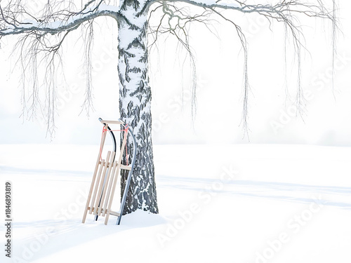 Wooden sled leaning against a birch tree in fresh snow landscape  