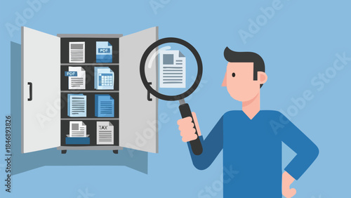Person utilizing a magnifying glass to search through files stored in a cabinet for data organization and retrieval illustration