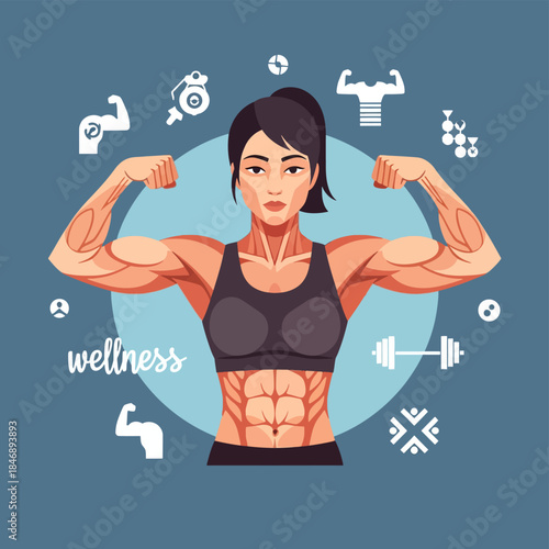 Strong Muscular Woman Flexing Biceps and Abs with Fitness Icons