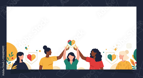 Diverse women raising geometric heart trophy in collaboration banner.
