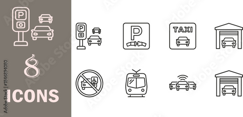 Parking icon set, transportation symbols collection, vehicle garage illustration, taxi sign graphics, car access control icons, traffic elements