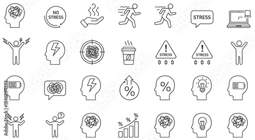 stress,mental,health,psychology,mind,brain,anxiety,relaxation,emotion,thinking,wellness,focus,burnout,productivity,energy,icons,outline,vector