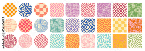 Groovy checkered pattern, colorful tiled grid. Vintage wavy curved backdrop, distortion effect. Funky geometric chessboard texture, retro background in 90s style, y2k. Vector illustration