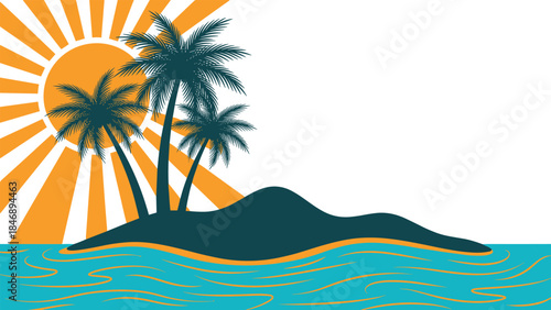 Tropical island silhouette with palm trees and sunrise, ocean waves illustration, summer beach vacation paradise background