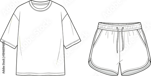 tshirt,shorts,set,apparel,clothing,garment,template,design,outline,casual,wear,summer,front,elastic,waist,vector,technical,drawing