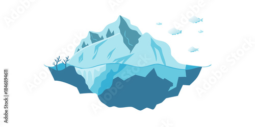 Flat illustration of a large iceberg floating in the water, showing the visible tip and the submerged mass below the surface