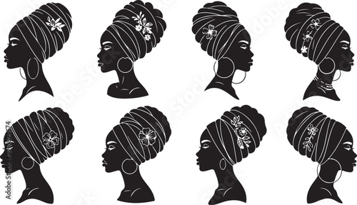 Eight black women turban silhouette designs