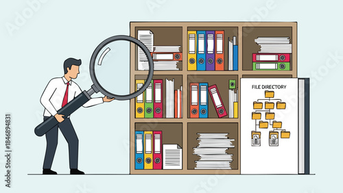 A man using a large magnifying glass to search through files and documents on a bookshelf in an office setting illustration for business concepts