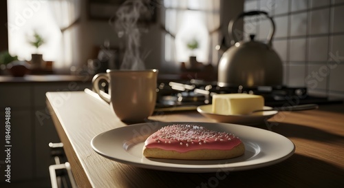 Delicious pink frosted donut on plate with coffee