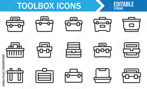Editable toolbox and tool storage icons in clean outline vector style