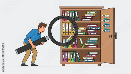 Man diligently searching through a voluminous file cabinet with an oversized magnifying glass to locate specific data and documents