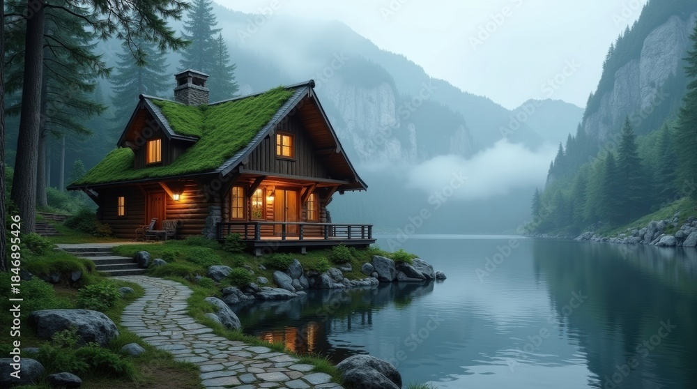 Fototapeta premium Cozy lakeside cabin at dusk