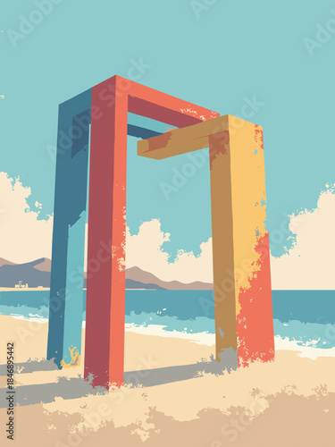 A geometric flat vector illustration of a modern art installation on a beach, made of large, colorful metal shapes (circles, squares, beams). Abstract composition