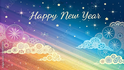 Colorful New Year Greeting Card with Stars and Lace Patterns: Celebrate the festive season under a night sky filled with joy and cheer.
