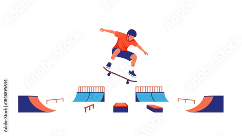 Teenager performing skateboard tricks on various ramps and ledges