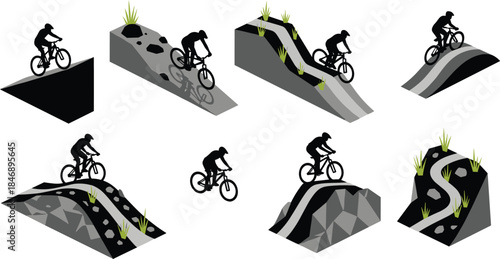 Mountain biking silhouette set with cyclists riding downhill trails and ramps, illustrating extreme sport action, outdoor adventure, and off road cycling concepts