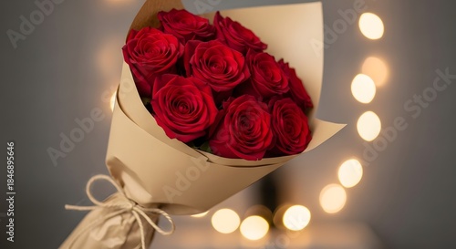 Romantic bouquet of red roses with warm string lights