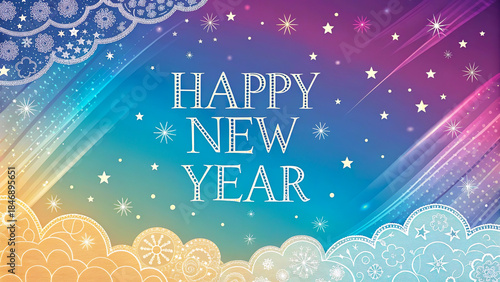 Colorful New Year Greeting Card with Stars and Lace Patterns: A Festive Season Celebration Under the Night Sky, Filled with Joy and Cheer.