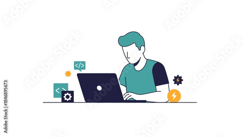 Programmer working on laptop with coding symbols around him