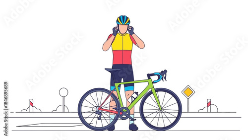 Cyclist preparing for a ride with a green bicycle on the road