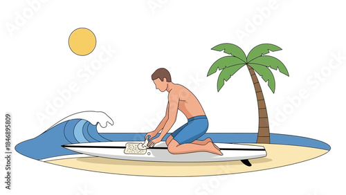 Man kneeling on surfboard applying wax on sunny beach