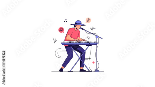 Musician performing with keyboard and microphone in lively setting