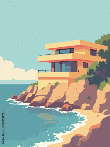A modernist seaside villa made of stacked rectangular blocks, situated on a cliff edge. Flat vector art, clean lines, pops of primary yellow and red against a muted blue sea and sky