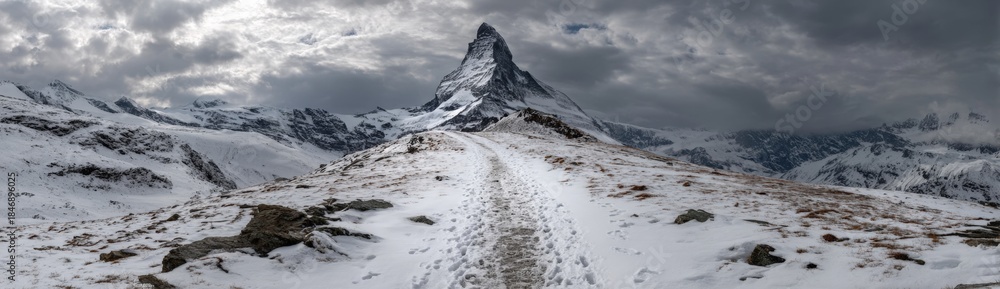 Obraz premium A trail winds through snow leading up to a tall mountain peak. Clouds hover above the summit. The scene shows a cold environment far from cities and crowds