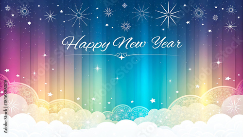 Colorful New Year Greeting Card with Stars and Lace Patterns for the Festive Season, Celebrating Joyful Moments Under the Night Sky.