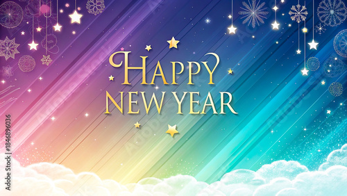 Colorful New Year Greeting Card with Stars and Lace Patterns: A Joyous Celebration of the Festive Season Under a Starry Night Sky.