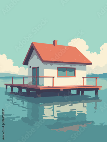 A geometric boathouse on a pier, rendered in a clean, flat vector style. The structure is composed of squares and triangles. Colors: seafoam green, rusty red, white, and deep blue