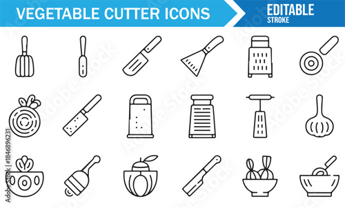 Food preparation tools icon set with knives graters peelers and cookware