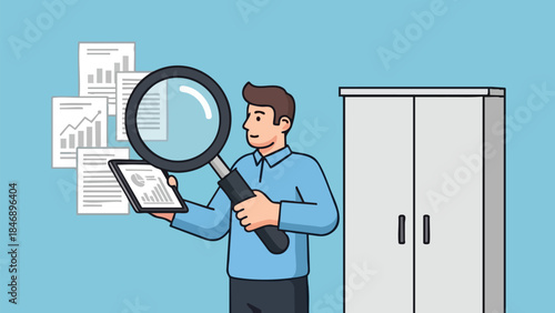 Professional man analyzing business data documents and digital reports in an office setting illustration for financial review concepts
