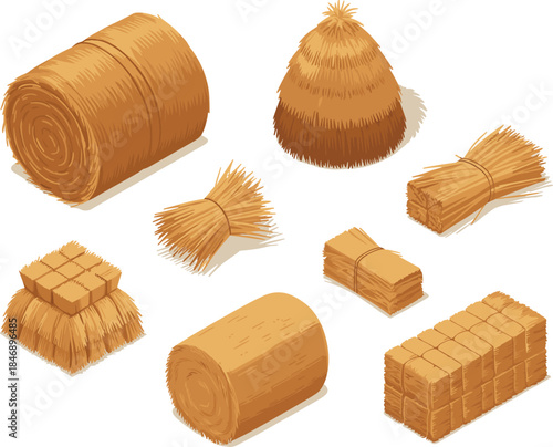 Isometric Hay and Straw Bales Set: Rolled, Bundled, and Stacked Dry Fodder for Farming and Agriculture