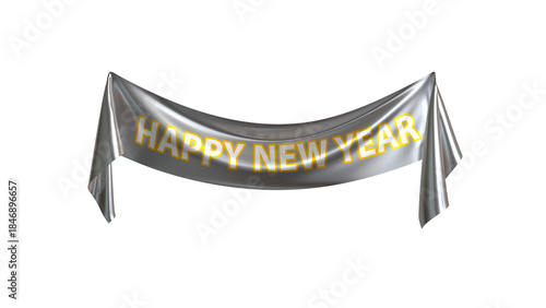 A silver banner with the text 