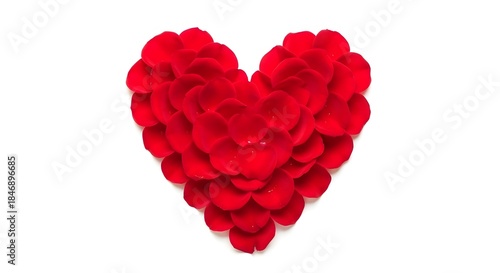 Romantic heart made of red rose petals on white background