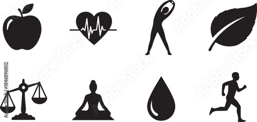 Eight icons representing wellness and healthy living