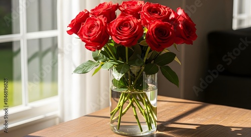 Beautiful bouquet of red roses on wooden table by window