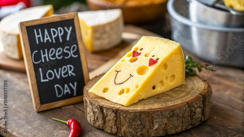 Smiling Cheese Wedge Celebrating Cheese Lover Day: A Festive Food Art Display on a Chalkboard Sign, Perfect for Cheese Enthusiasts Everywhere