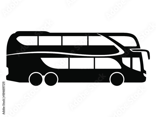 A sleek black silhouette of a modern double decker tour bus